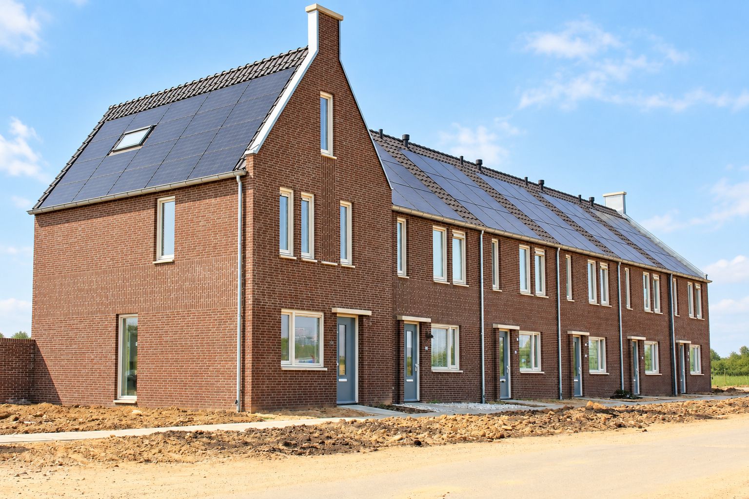 Vooraanzicht van 30 moderne, energieneutrale eengezinswoningen aan de woonwijk Needervelt in Roermond