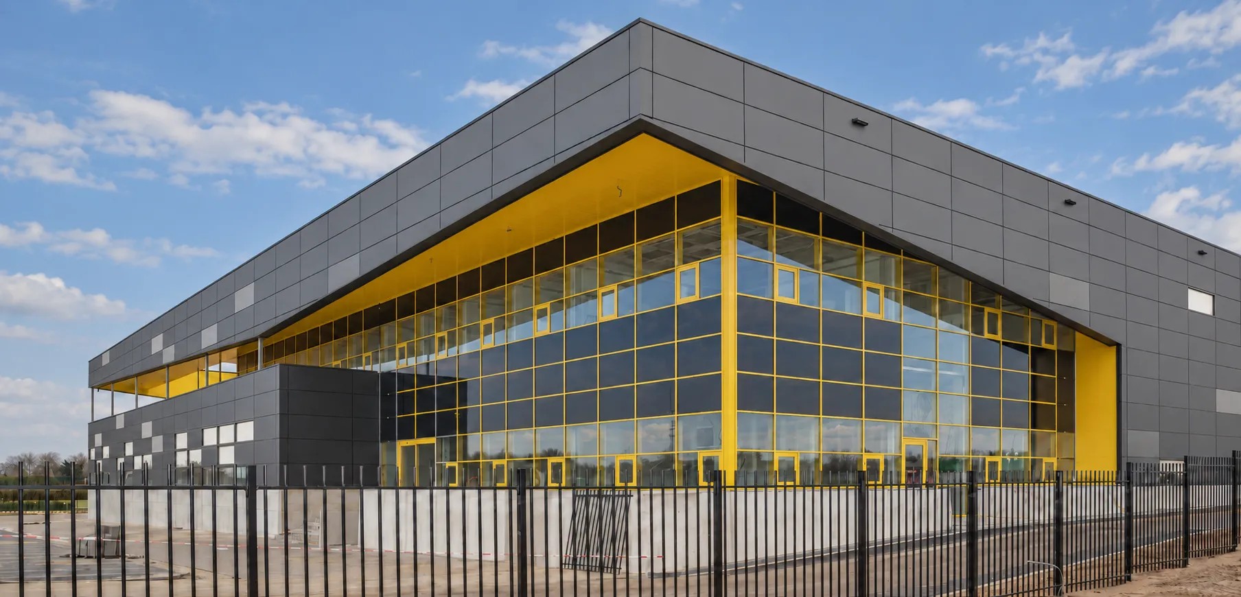 Zijaanzicht van een modern single tennant bedrijfsgebouw aan de A73 in Roermond